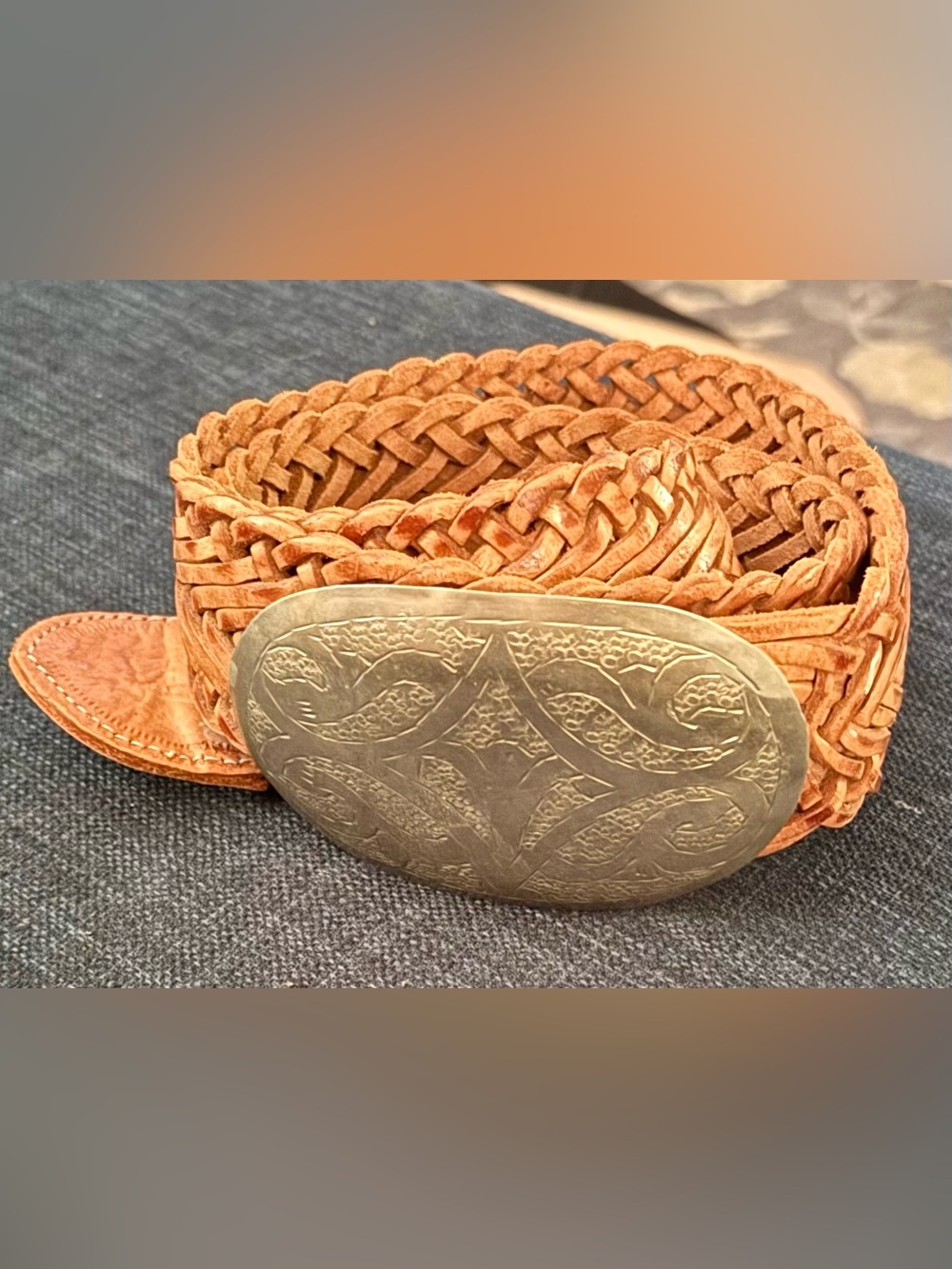 Anthropologie Braided Leather Belt with Engraved Silver-Lt Gold Tone Buckle - Picture 3 of 4